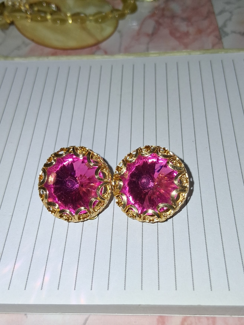Clip Classic Gold-Trim Pink Crystal Button Earrings
